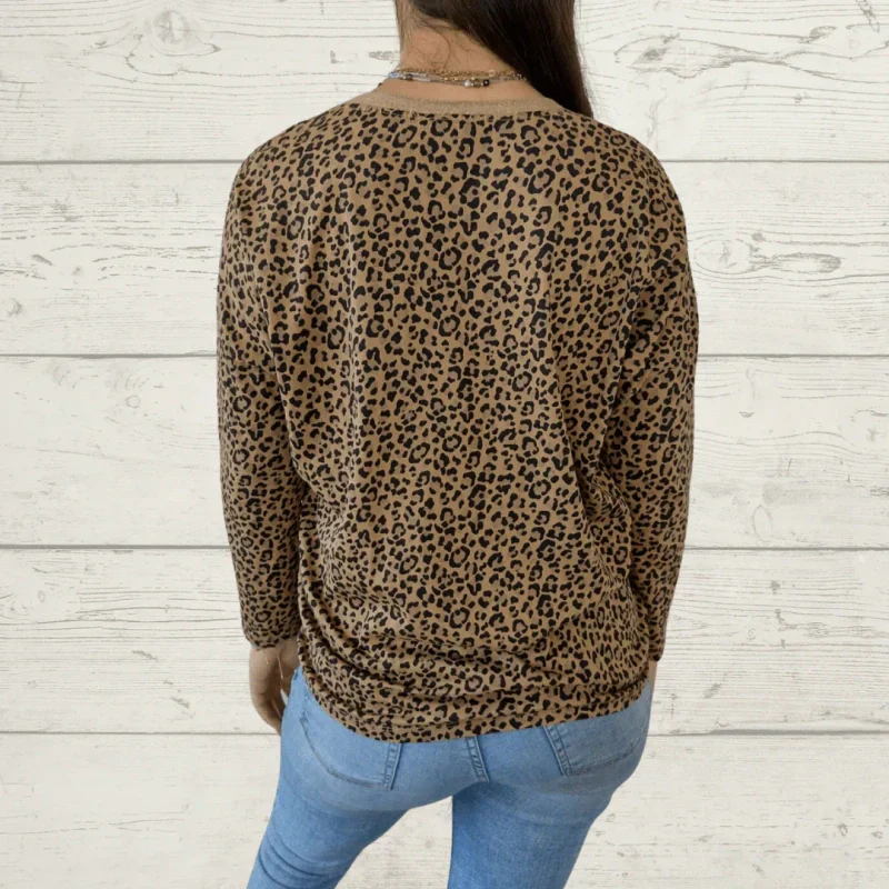 Stylisches langärmeliges Top mit V-Ausschnitt und Leopardenmuster