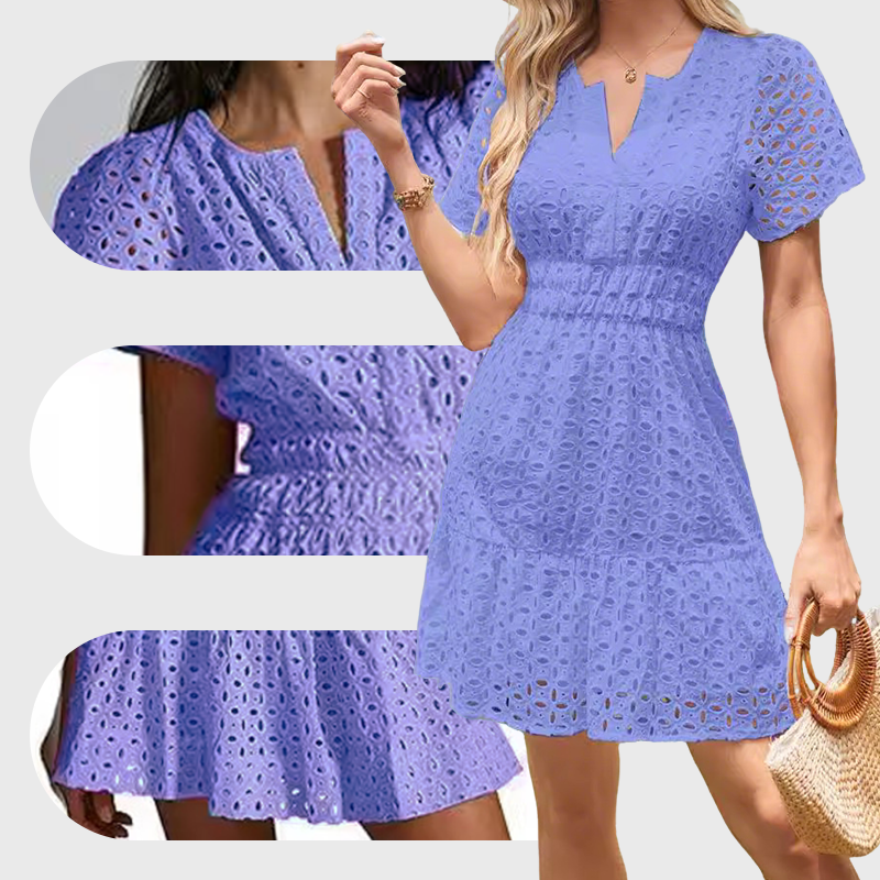 Damen V-Ausschnitt Kurzarm Hollow Out Kleid🌟🌟Neue Produkte🔥🔥🔥
