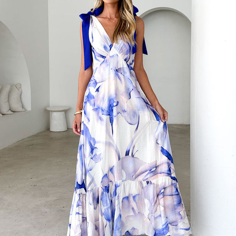 Lässiges, ärmelloses, bedrucktes Damenkleid mit V-Ausschnitt