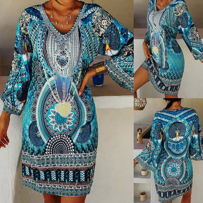 Damenkleid mit V-Ausschnitt und langen Ärmeln im Bohemian-Print