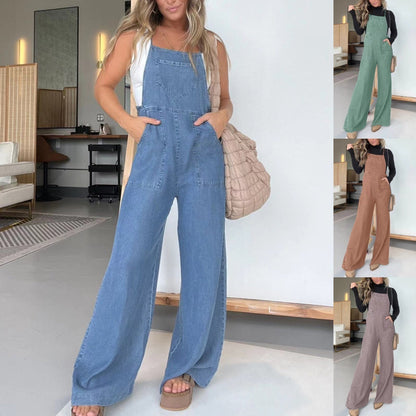 Damen lässiger und ärmelloser Jeans-Overall mit weitem Bein
