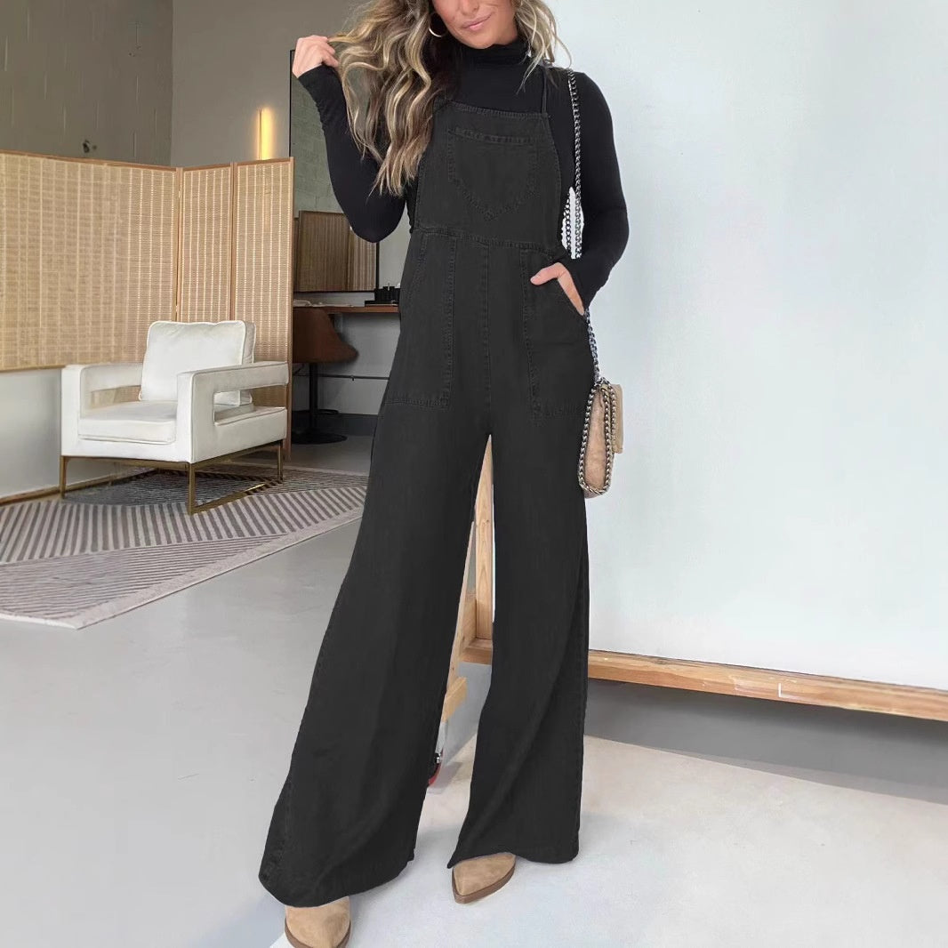 Damen lässiger und ärmelloser Jeans-Overall mit weitem Bein