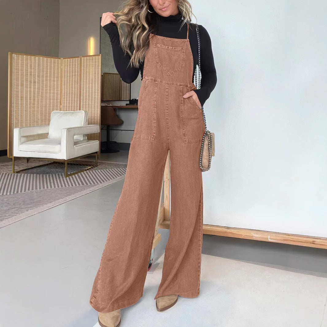 Damen lässiger und ärmelloser Jeans-Overall mit weitem Bein