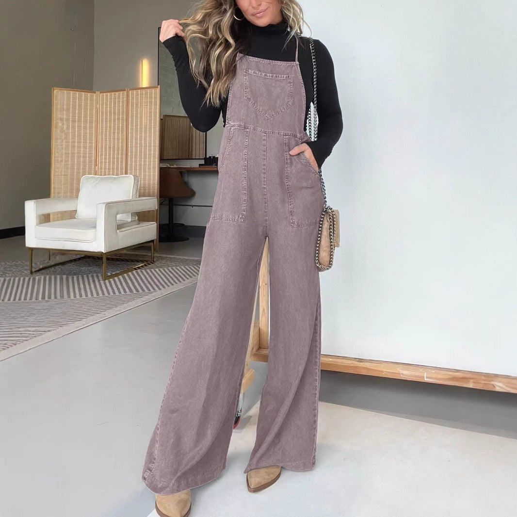 Damen lässiger und ärmelloser Jeans-Overall mit weitem Bein
