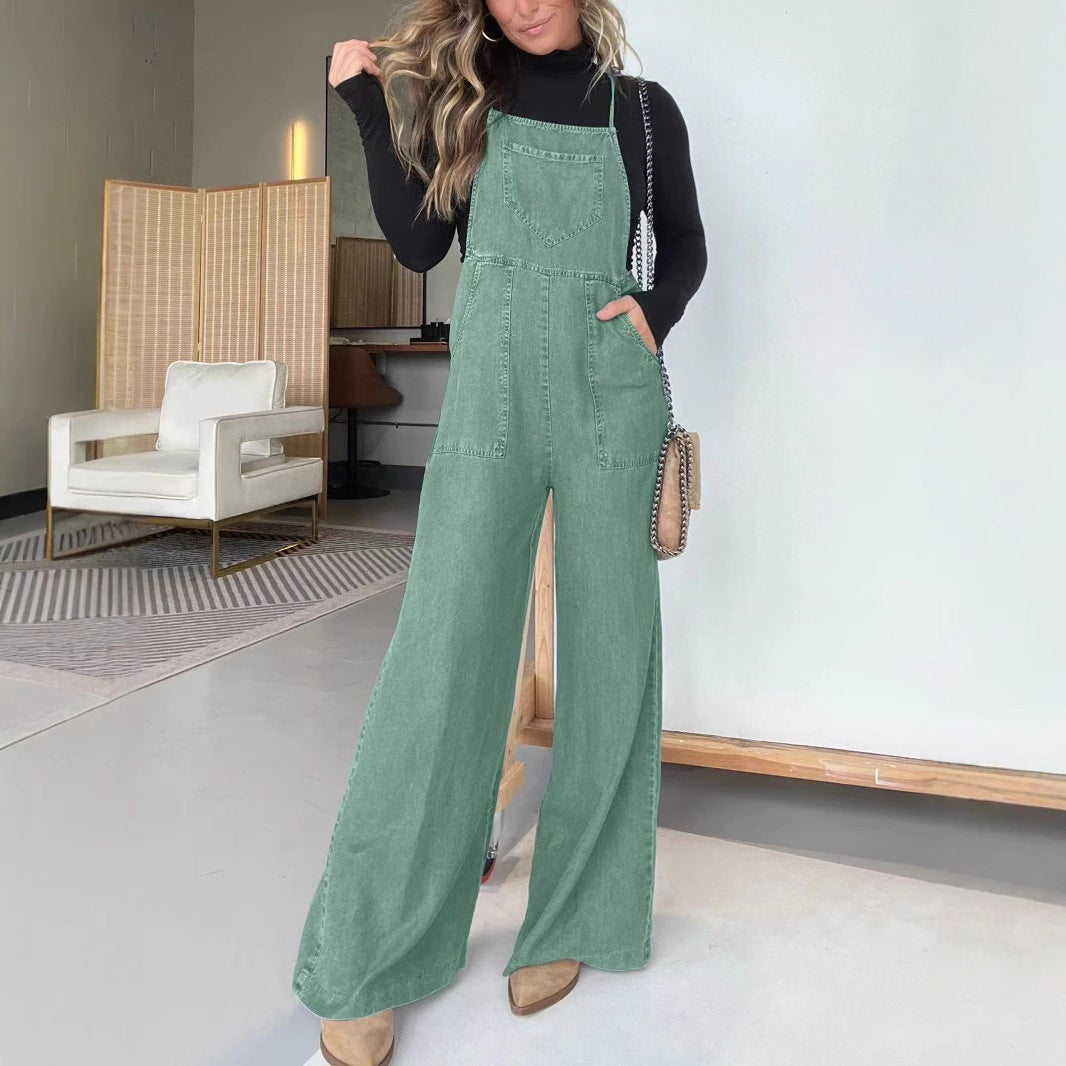 Damen lässiger und ärmelloser Jeans-Overall mit weitem Bein