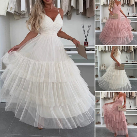 Damen Elegantes Tüll-Maxikleid mit Stufen und Spaghettiträgern
