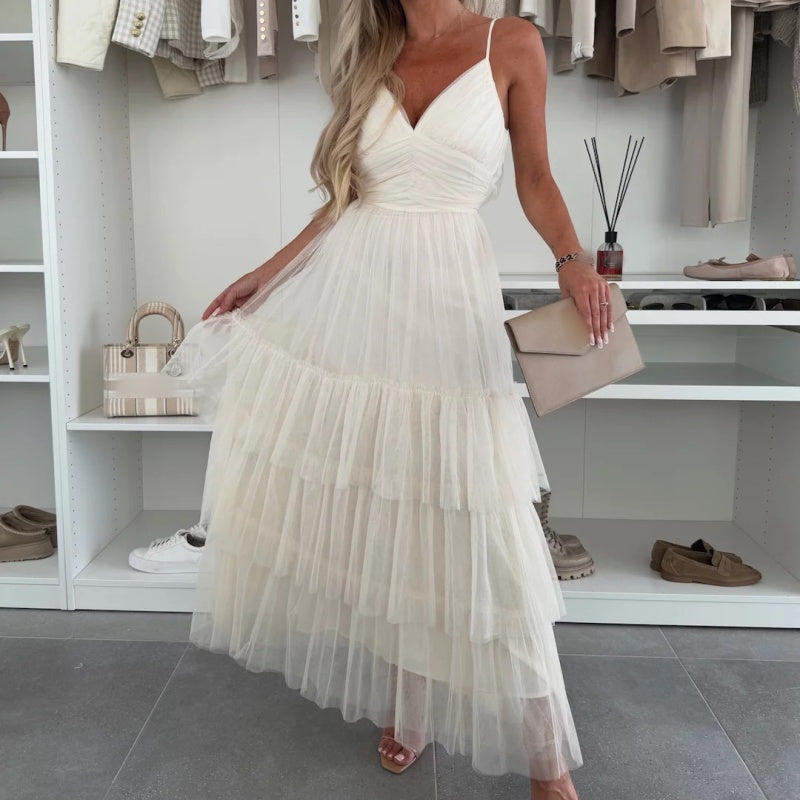 Damen Elegantes Tüll-Maxikleid mit Stufen und Spaghettiträgern