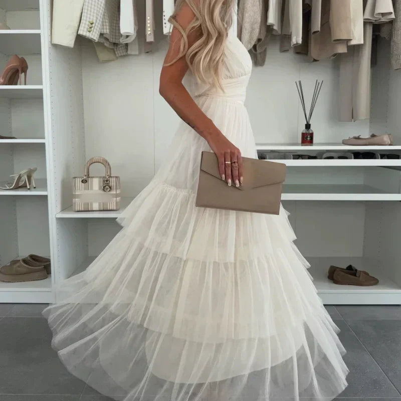 Damen Elegantes Tüll-Maxikleid mit Stufen und Spaghettiträgern
