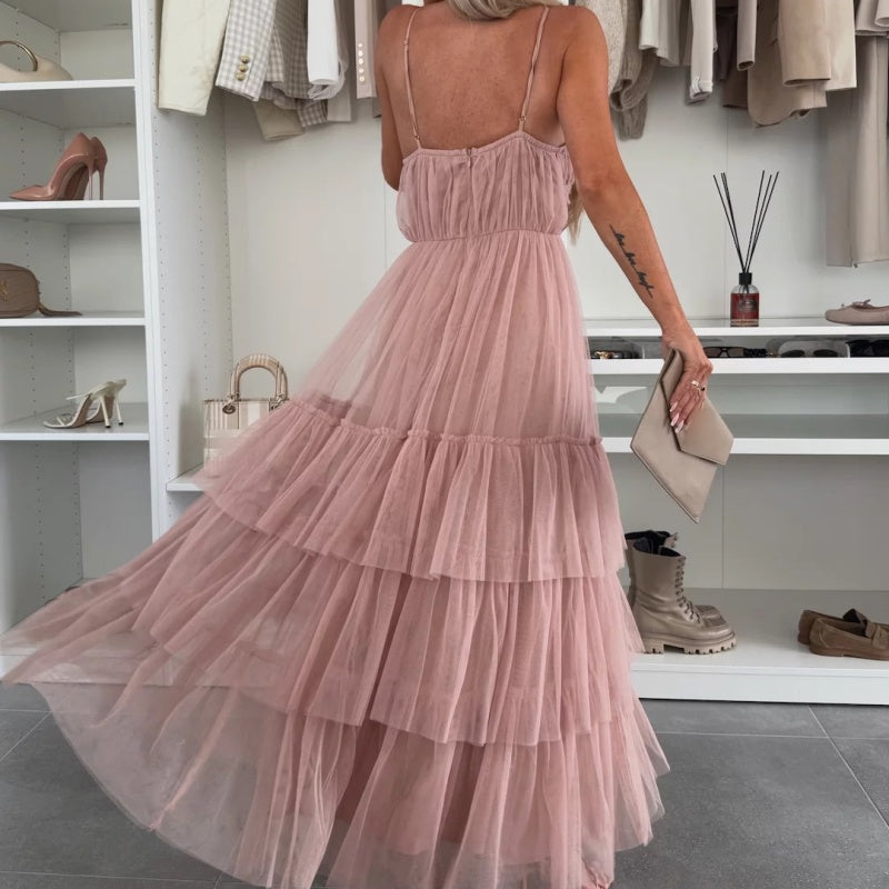 Damen Elegantes Tüll-Maxikleid mit Stufen und Spaghettiträgern