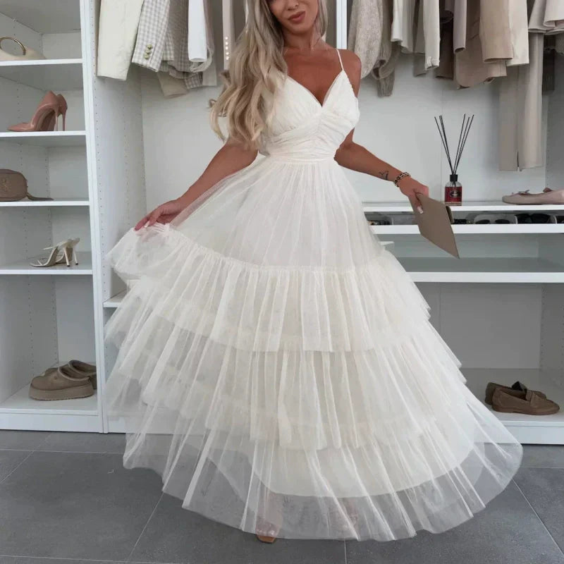 Damen Elegantes Tüll-Maxikleid mit Stufen und Spaghettiträgern