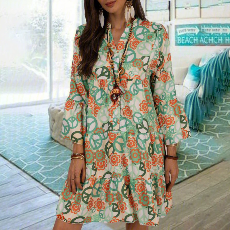 Lässiges Strandkleid mit Blumendruck, V-Ausschnitt und 3/4-Ärmeln