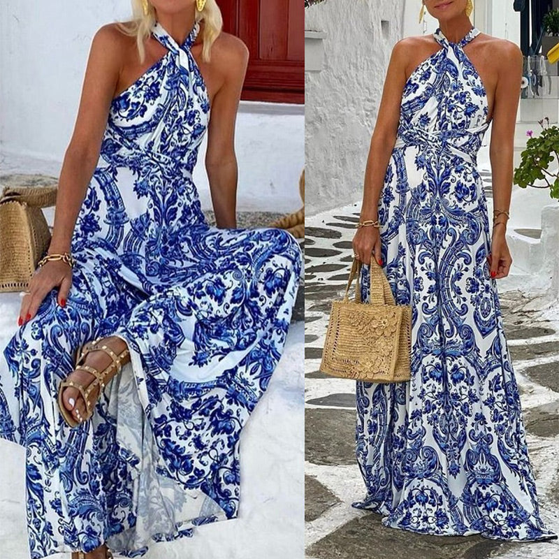 Bedrucktes, rückenfreies, langes Kleid mit hängendem Hals für Damen