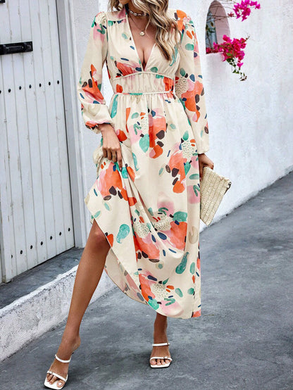 💃 Heißer Verkauf 49% OFF 🎁 LUNE Random Print Deep V-Ausschnitt Laternenärmel Gathered Taille Kleid