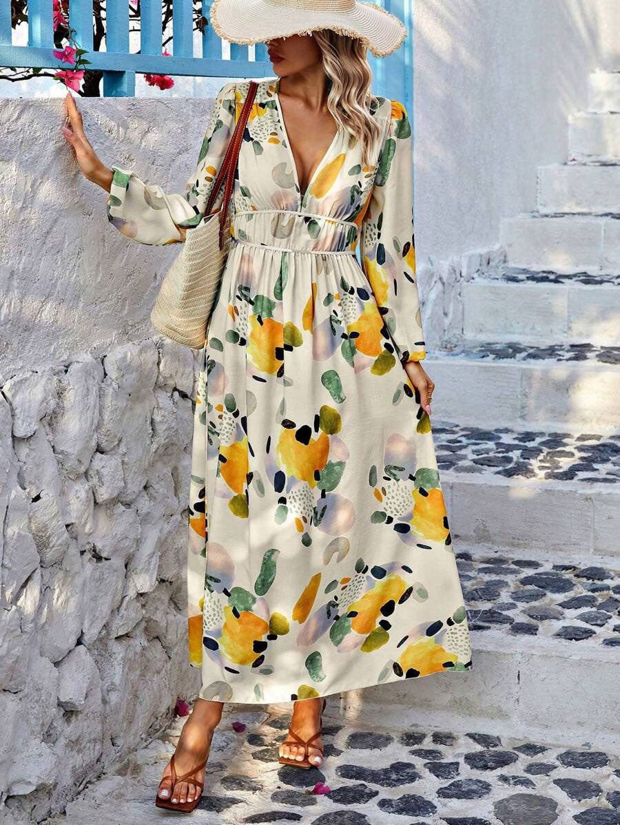 💃 Heißer Verkauf 49% OFF 🎁 LUNE Random Print Deep V-Ausschnitt Laternenärmel Gathered Taille Kleid