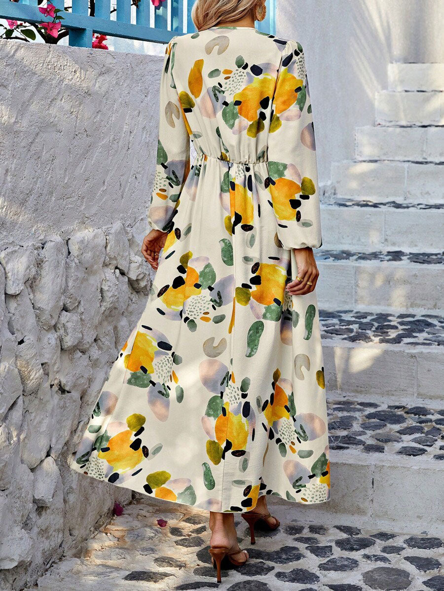 💃 Heißer Verkauf 49% OFF 🎁 LUNE Random Print Deep V-Ausschnitt Laternenärmel Gathered Taille Kleid