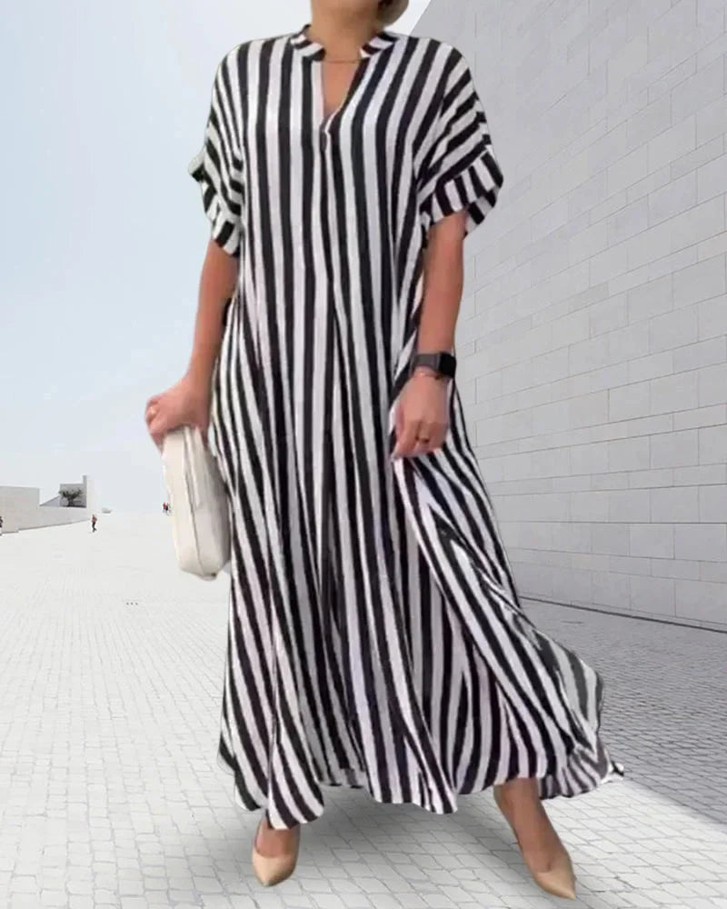 🎁✨Was soll ich morgen anziehen?🔥 Gestreiftes Maxikleid mit V-Ausschnitt (kostenloser Versand)