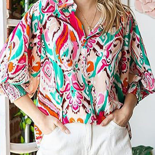 Bedrucktes Button-Down-Hemd mit langen Laternenärmeln für Damen