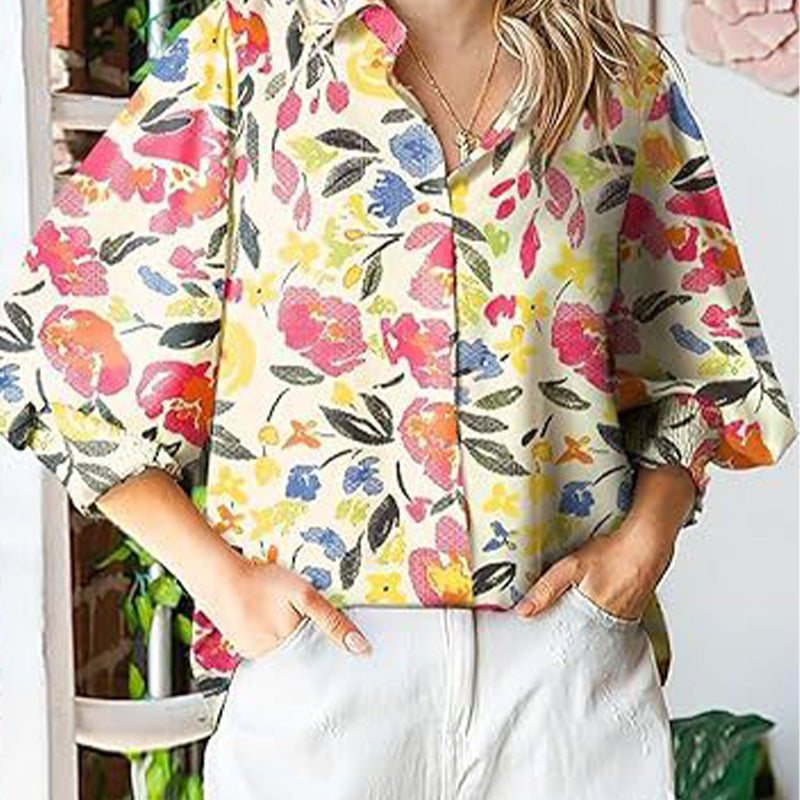 Bedrucktes Button-Down-Hemd mit langen Laternenärmeln für Damen