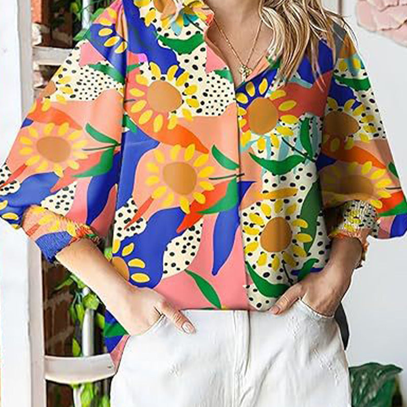 Bedrucktes Button-Down-Hemd mit langen Laternenärmeln für Damen