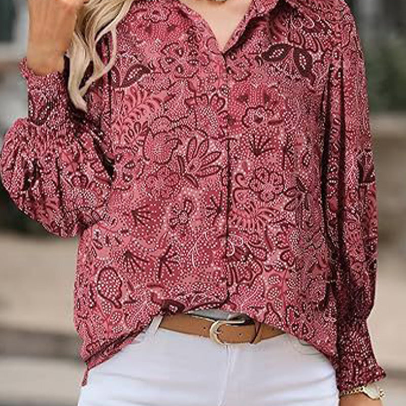 Bedrucktes Button-Down-Hemd mit langen Laternenärmeln für Damen