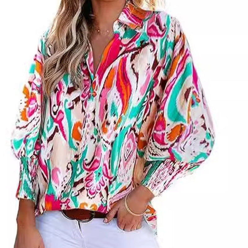 Bedrucktes Button-Down-Hemd mit langen Laternenärmeln für Damen