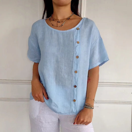 Damen-T-Shirt aus Baumwoll-Leinen mit lockerer Passform