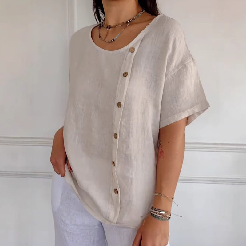 Damen-T-Shirt aus Baumwoll-Leinen mit lockerer Passform