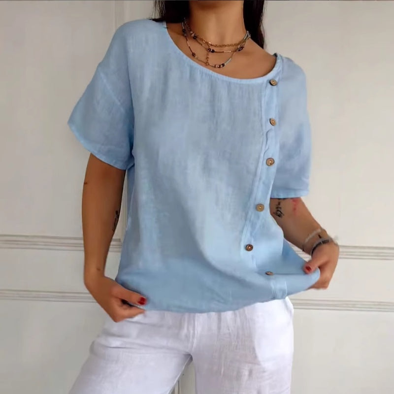 Damen-T-Shirt aus Baumwoll-Leinen mit lockerer Passform
