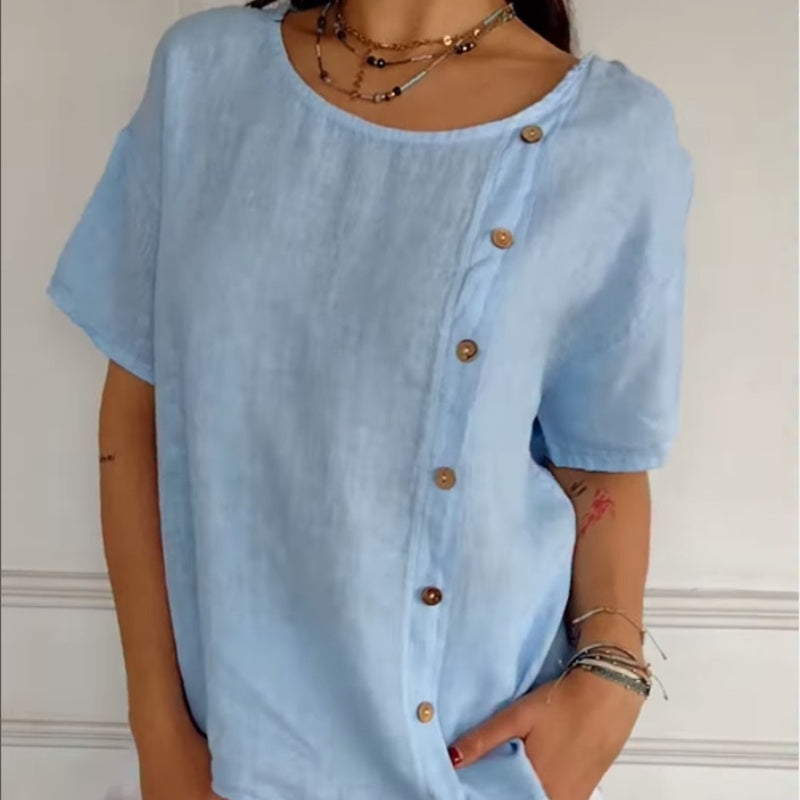 Damen-T-Shirt aus Baumwoll-Leinen mit lockerer Passform
