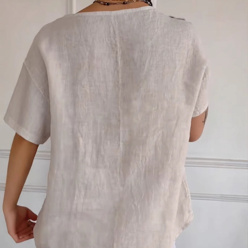 Damen-T-Shirt aus Baumwoll-Leinen mit lockerer Passform