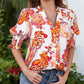 Bluse mit Blumenmuster und Puffärmeln und V-Ausschnitt für Damen