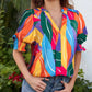 Bluse mit Blumenmuster und Puffärmeln und V-Ausschnitt für Damen