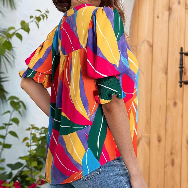 Bluse mit Blumenmuster und Puffärmeln und V-Ausschnitt für Damen