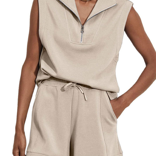 Ärmelloser zweiteiliger Shorts-Anzug mit halbem Reißverschluss für den Sommer für Damen
