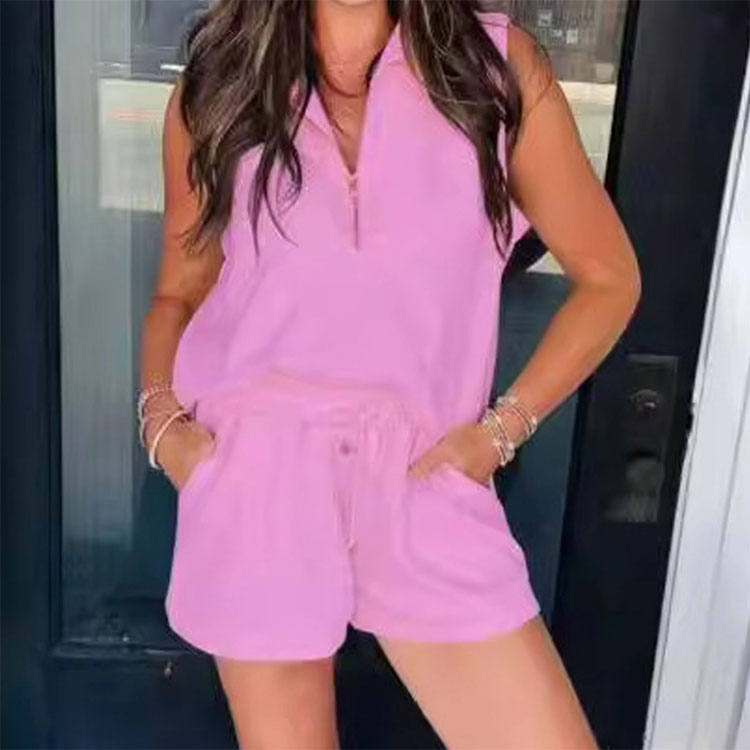Ärmelloser zweiteiliger Shorts-Anzug mit halbem Reißverschluss für den Sommer für Damen