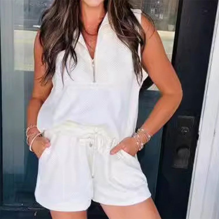 Ärmelloser zweiteiliger Shorts-Anzug mit halbem Reißverschluss für den Sommer für Damen