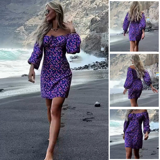 Romantisches Damenkleid mit lila Blumenmuster und Blasenärmeln