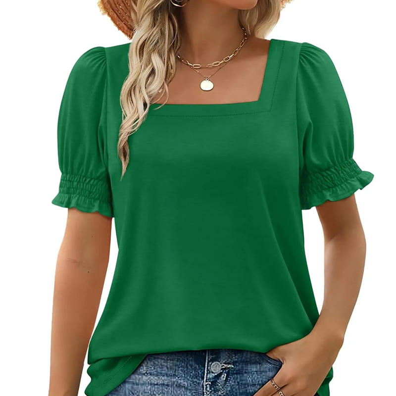 Lässiges T-Shirt mit quadratischem Ausschnitt und gesmokten Ärmeln für Damen