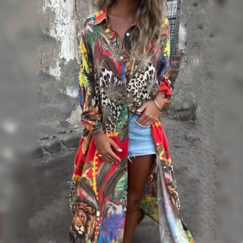 Bedrucktes, langärmliges Kleid mit offenem Revers