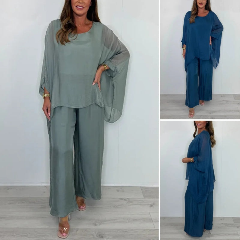 Damen elegantes Freizeit-Set aus Chiffon: Oberteil & Weitbeinhose