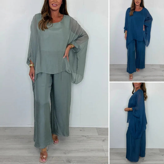 Damen elegantes Freizeit-Set aus Chiffon: Oberteil & Weitbeinhose