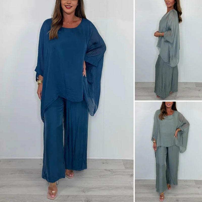 Damen elegantes Freizeit-Set aus Chiffon: Oberteil & Weitbeinhose