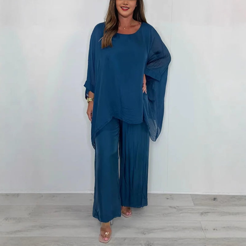 Damen elegantes Freizeit-Set aus Chiffon: Oberteil & Weitbeinhose