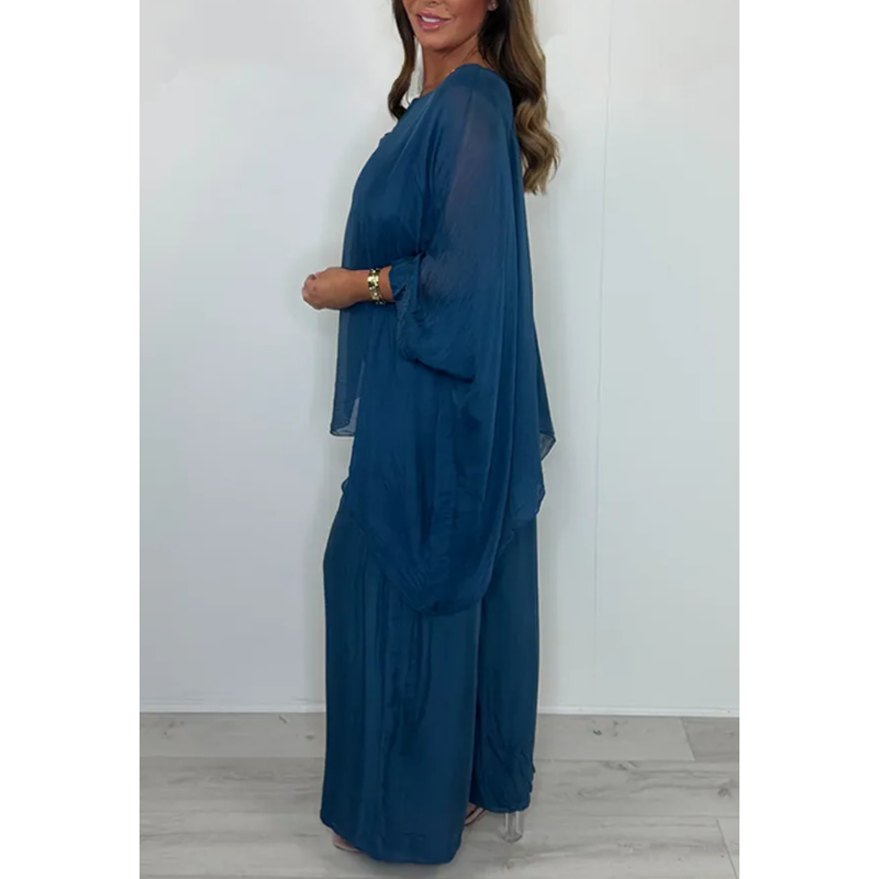 Damen elegantes Freizeit-Set aus Chiffon: Oberteil & Weitbeinhose