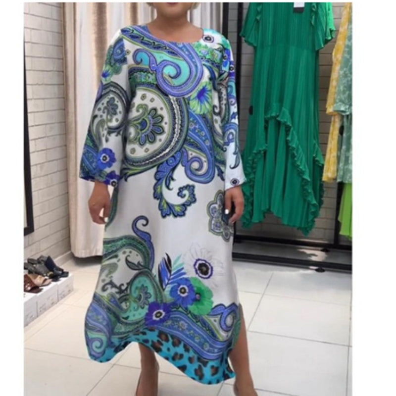 Elegantes langes Kleid mit Rundhalsausschnitt und Blumendruck
