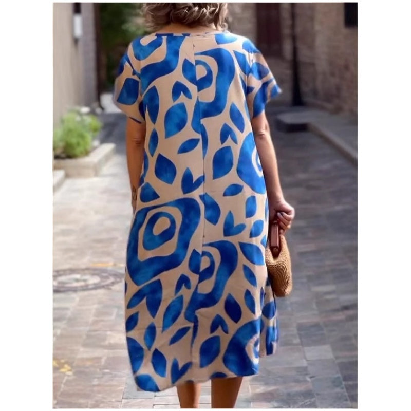 Damenkleid mit Rundhalsausschnitt, bedruckt, lässig, locker, kurzärmelig
