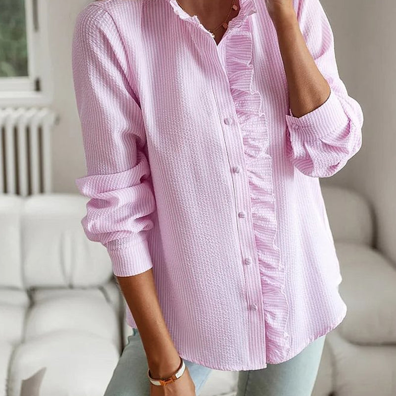 Gestreiftes Button-Down-Hemd mit Rüschenbesatz für Damen