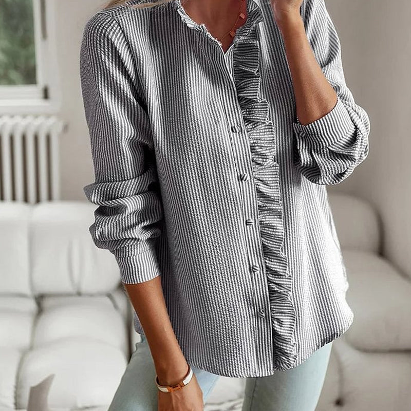 Gestreiftes Button-Down-Hemd mit Rüschenbesatz für Damen
