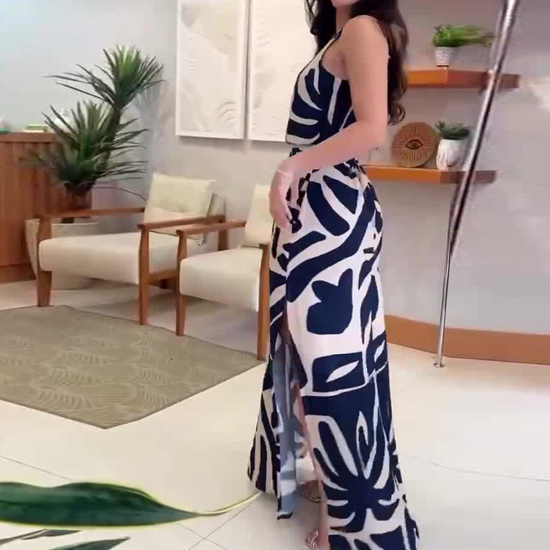Elegantes bedrucktes ärmelloses Kleid mit Seitenschlitz