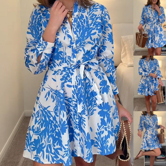 Elegantes blaues Kleid mit Blumendruck für Damen